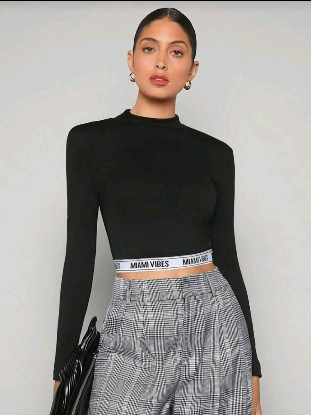 Black Long Sleeve Crop Top with 'MIAMI VIBES' Waistband Size M